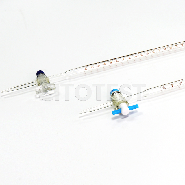 Burette with PTFE stopcock, with funnel top, glass material